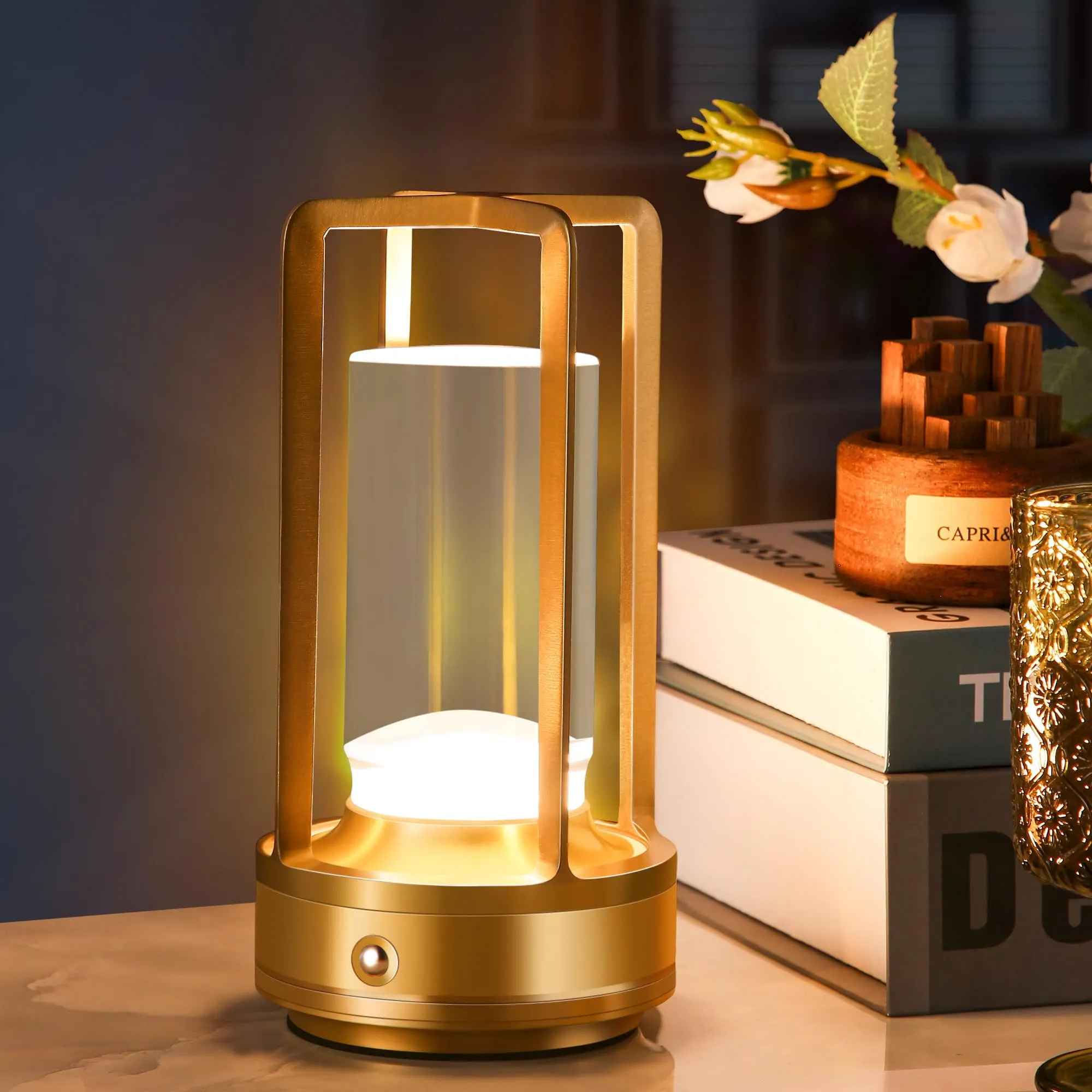 Rynx | Portable Metal Table Lamp, Wireless Table Lamp, Rechargeable Battery Powered Lights, LED Table Lamps, 3 Color Stepless Dimmer Touch, For Bedroom Restaurant Home Outdoor (Golden)