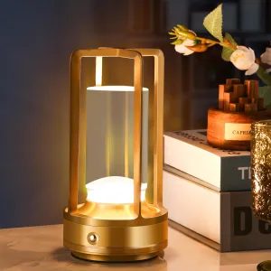Rynx | Portable Metal Table Lamp, Wireless Table Lamp, Rechargeable Battery Powered Lights, LED Table Lamps, 3 Color Stepless Dimmer Touch, For Bedroom Restaurant Home Outdoor (Golden)