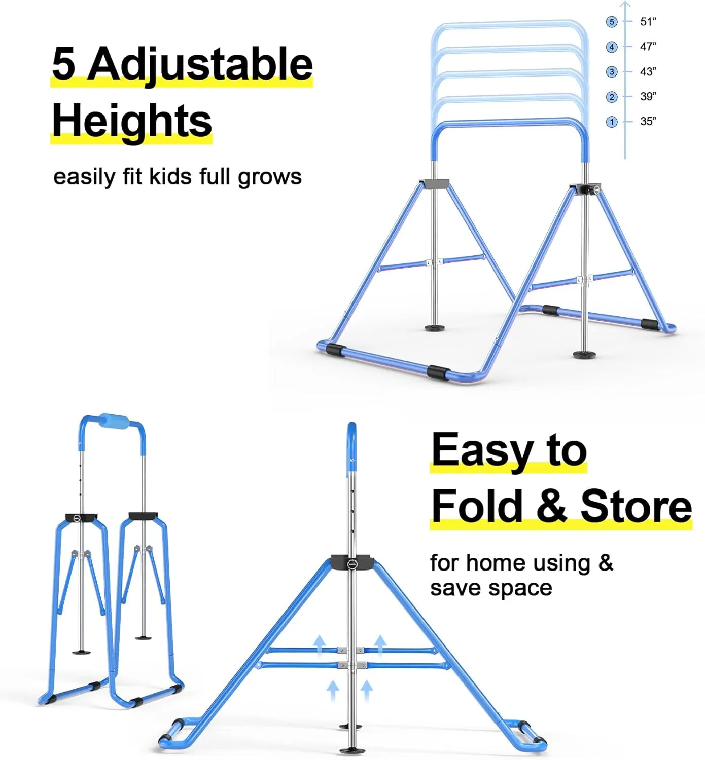 Safly Fun Gymnastics Bar for Kids 3-9, Foldable & Adjustable 35"-51", Supports 140Lbs with Pad, Easy to Assemble, Gymnastics Equipment for Indoor/Outdoor Training