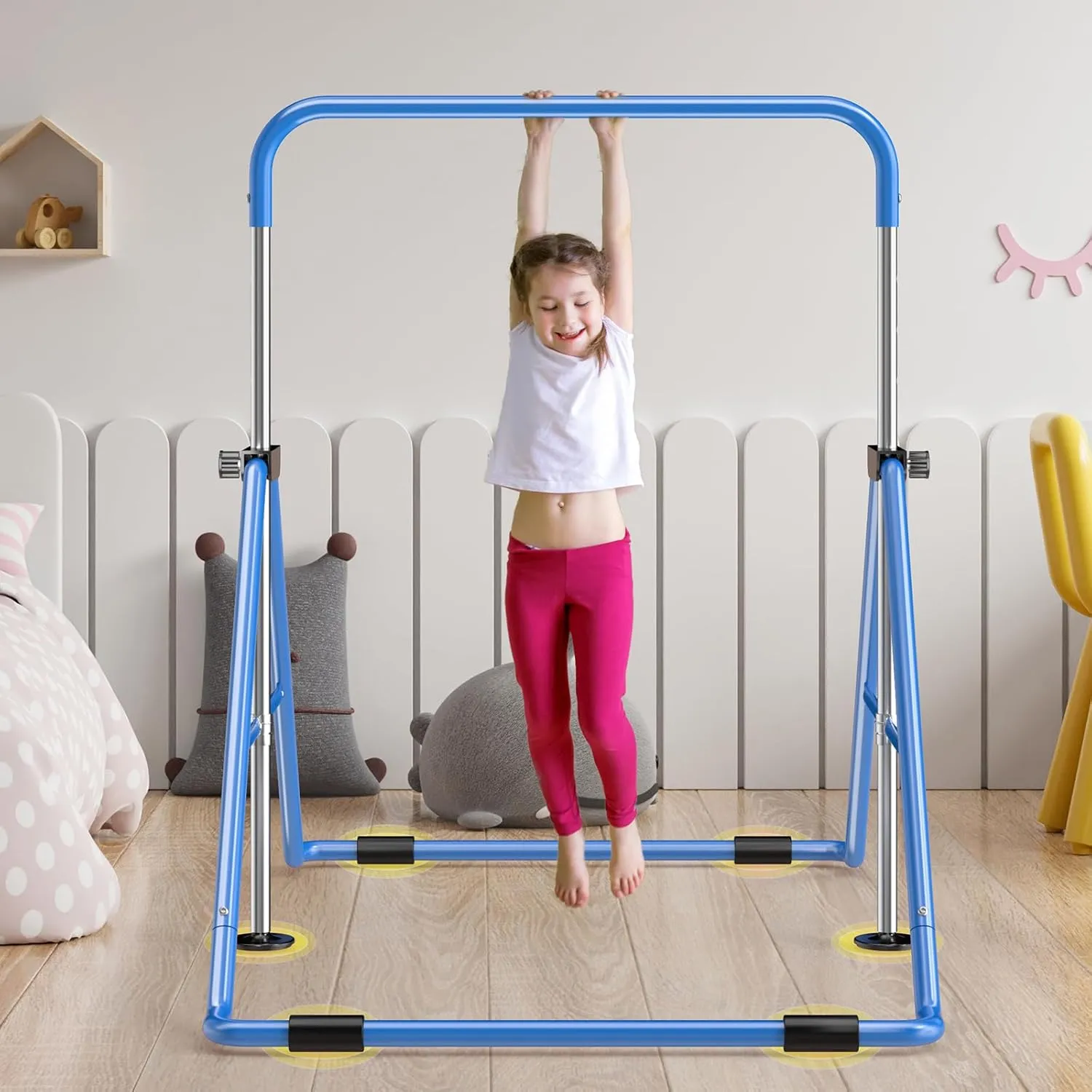 Safly Fun Gymnastics Bar for Kids 3-9, Foldable & Adjustable 35"-51", Supports 140Lbs with Pad, Easy to Assemble, Gymnastics Equipment for Indoor/Outdoor Training
