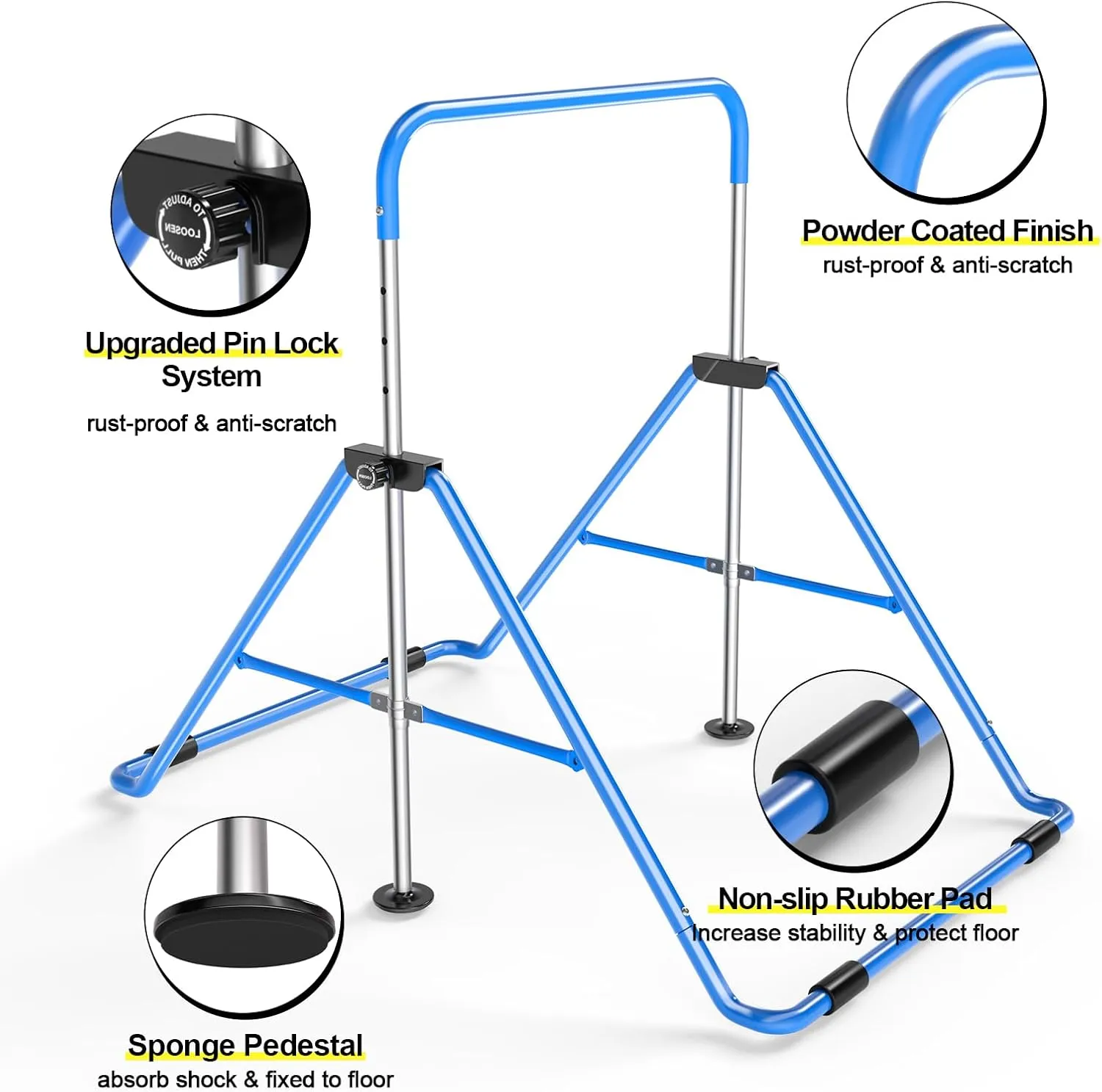 Safly Fun Gymnastics Bar for Kids 3-9, Foldable & Adjustable 35"-51", Supports 140Lbs with Pad, Easy to Assemble, Gymnastics Equipment for Indoor/Outdoor Training