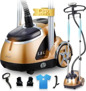 SALAV Limited Edition Professional Series Dual Bar Garment Steamer with Foot Pedals, Stainless Steel Steam Plate, Retractable Power Cord, 1.8L (60.8 oz) Water Tank, 1500 watts, 60 mins of Steam