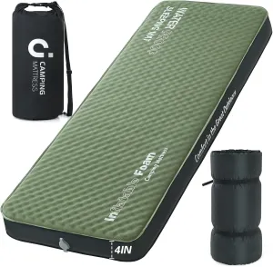 Self Inflating Sleeping Pad, 4in Ultra-Thick Foam Camping Single Mattress with Air Pump Sack, Sleeping Mats for Adults Inflatable Camping Pad Floor Bed Mattress, Cot Bed, Travel, Car, Home, Army Green