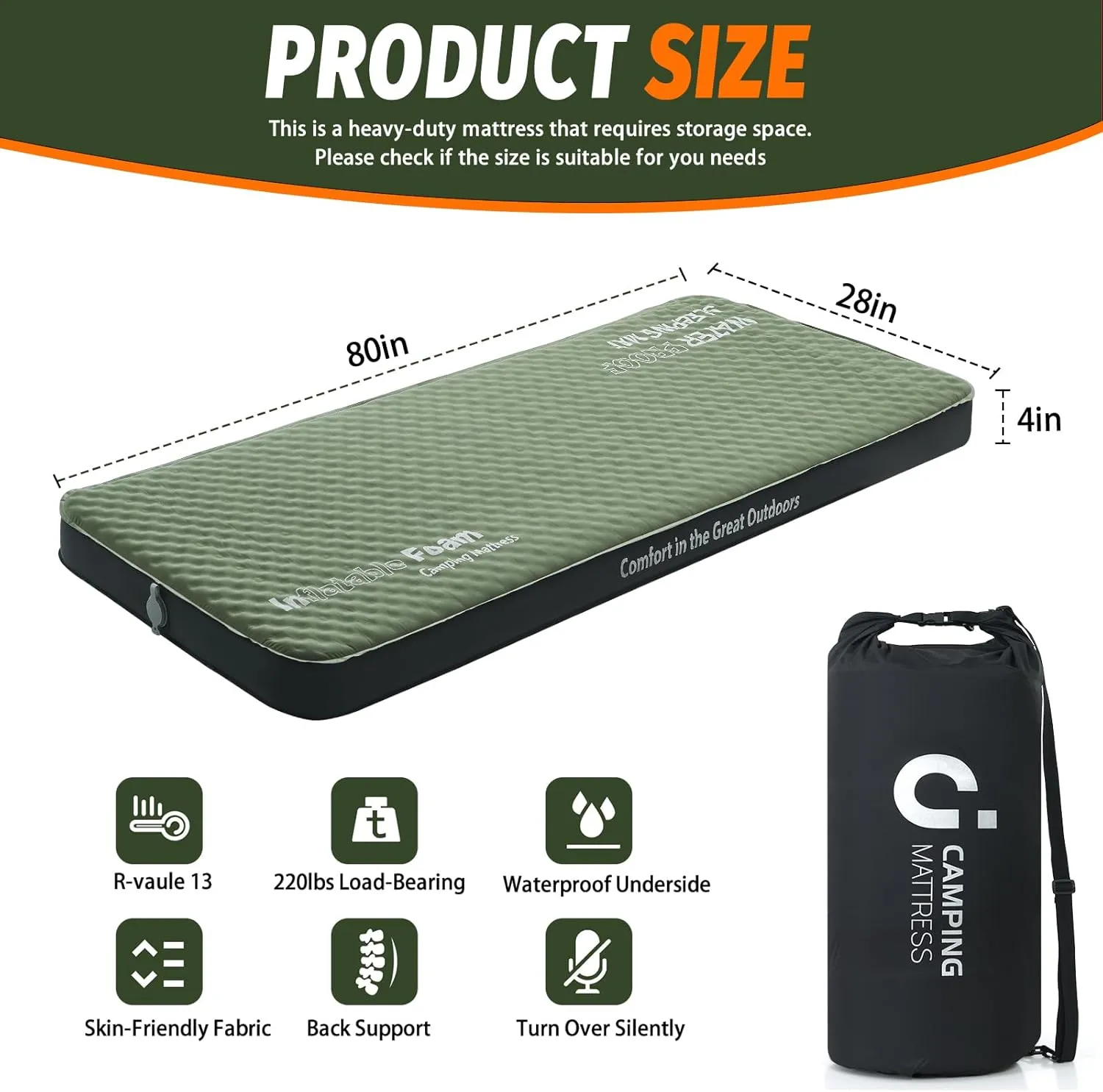 Self Inflating Sleeping Pad, 4in Ultra-Thick Foam Camping Single Mattress with Air Pump Sack, Sleeping Mats for Adults Inflatable Camping Pad Floor Bed Mattress, Cot Bed, Travel, Car, Home, Army Green