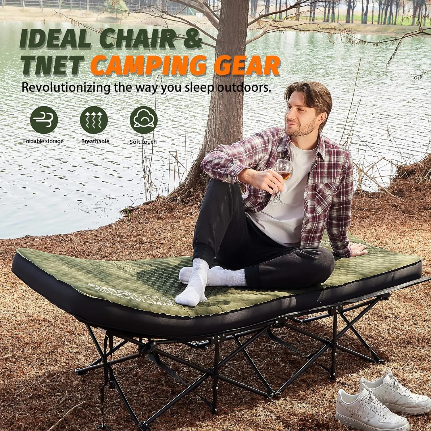 Self Inflating Sleeping Pad, 4in Ultra-Thick Foam Camping Single Mattress with Air Pump Sack, Sleeping Mats for Adults Inflatable Camping Pad Floor Bed Mattress, Cot Bed, Travel, Car, Home, Army Green