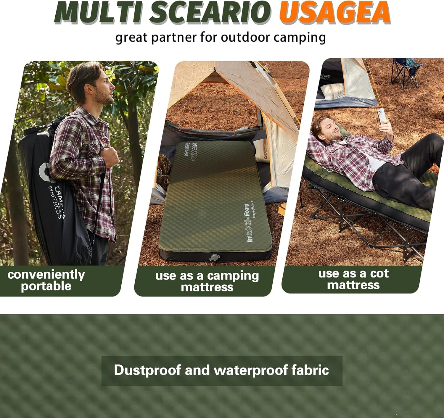 Self Inflating Sleeping Pad, 4in Ultra-Thick Foam Camping Single Mattress with Air Pump Sack, Sleeping Mats for Adults Inflatable Camping Pad Floor Bed Mattress, Cot Bed, Travel, Car, Home, Army Green