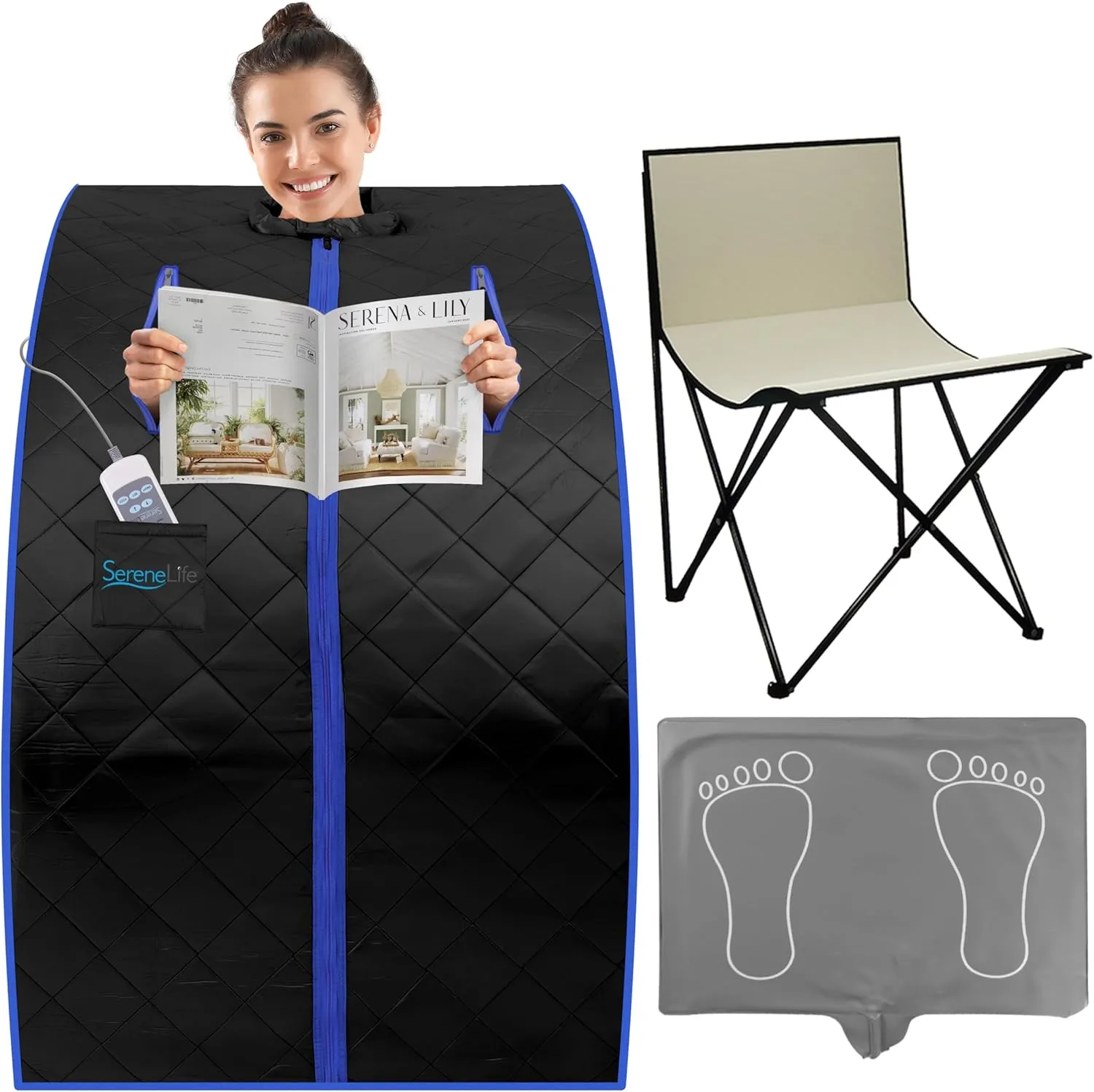 SereneLife SLISAU20BK Oversize Portable Infrared Home Spa One Person Sauna with Heating Foot Pad & Portable Chair