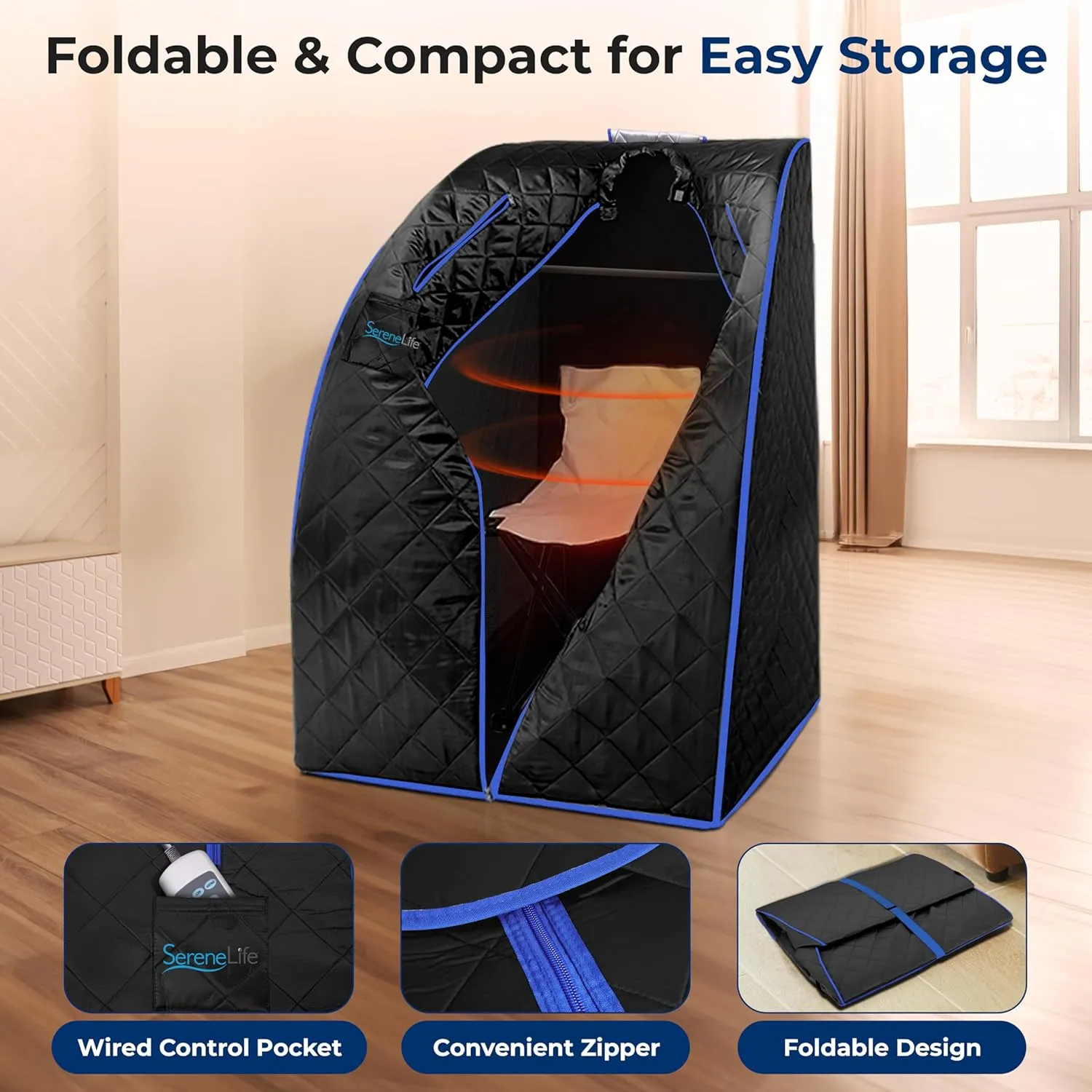 SereneLife SLISAU20BK Oversize Portable Infrared Home Spa One Person Sauna with Heating Foot Pad & Portable Chair
