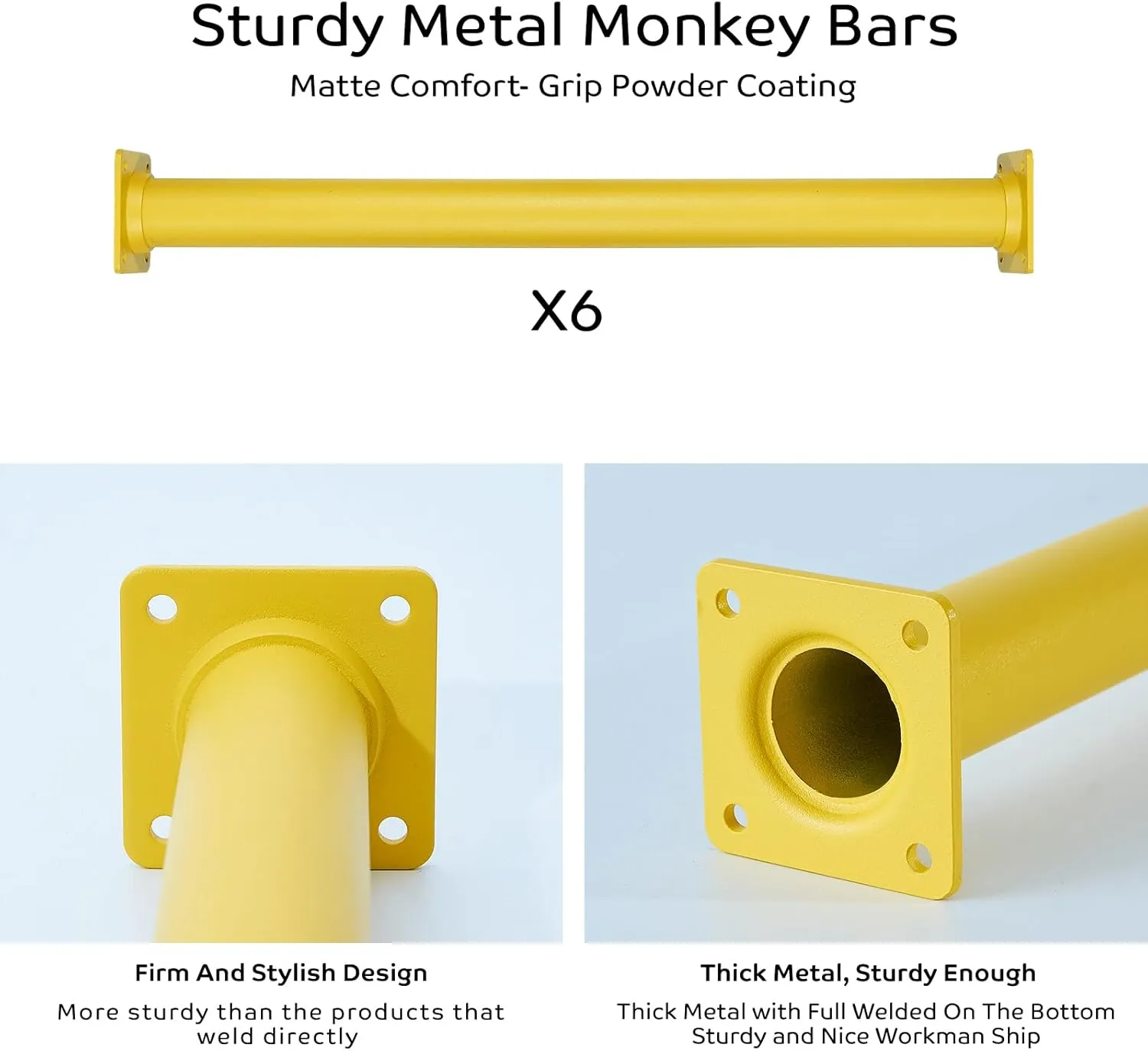 Set of 6 Monkey Bars for Backyard - Steel Playground Ladder Rungs for Outdoor, Playset Safety Climbing Handles - 16.5 inch, Yellow