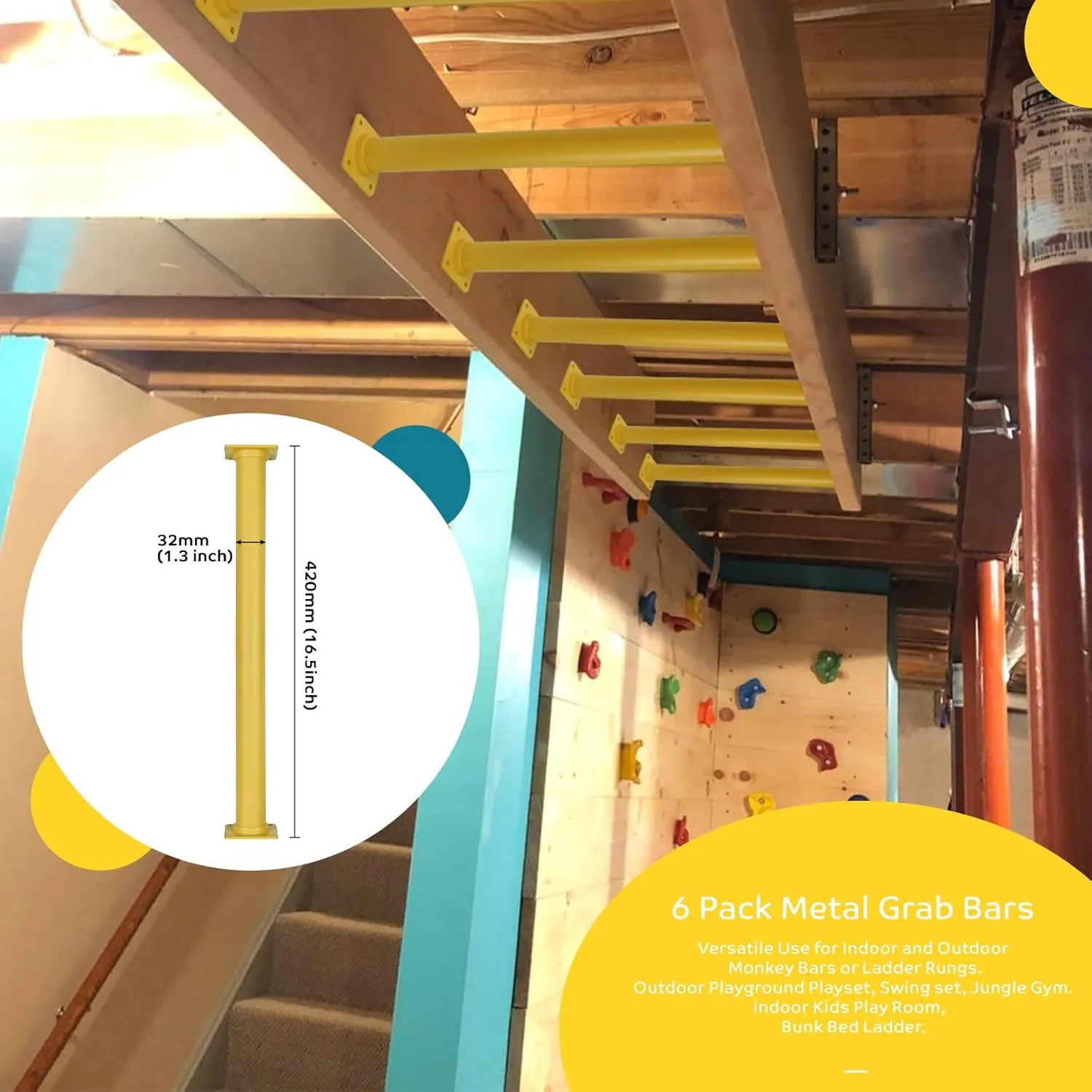 Set of 6 Monkey Bars for Backyard - Steel Playground Ladder Rungs for Outdoor, Playset Safety Climbing Handles - 16.5 inch, Yellow