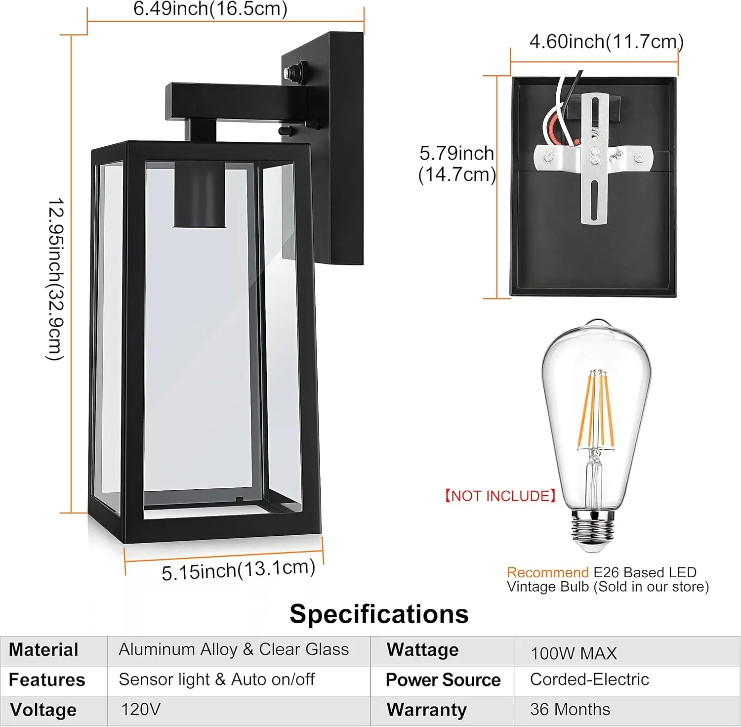 SHINE HAI Dusk to Dawn Outdoor Wall Lantern, Exterior Sconce Fixture with E26 Base, Waterproof Wall Mount Light, Outdoor Lantern for Porch 2 Pack
