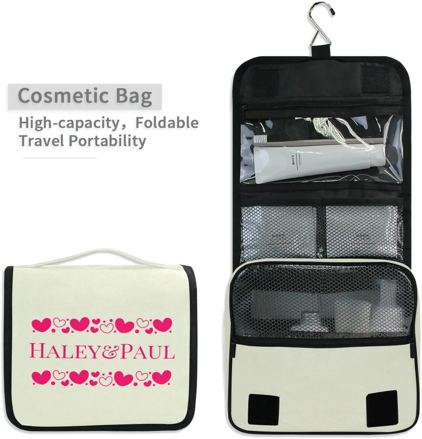 Sinestour Beige Hearts Custom Hanging Toiletry Bag Personalized Name Cosmetic Case Bag Large Capacity Travel Toiletry Organizer for Brush Toiletries Storage