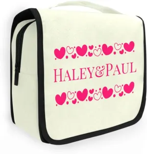 Sinestour Beige Hearts Custom Hanging Toiletry Bag Personalized Name Cosmetic Case Bag Large Capacity Travel Toiletry Organizer for Brush Toiletries Storage