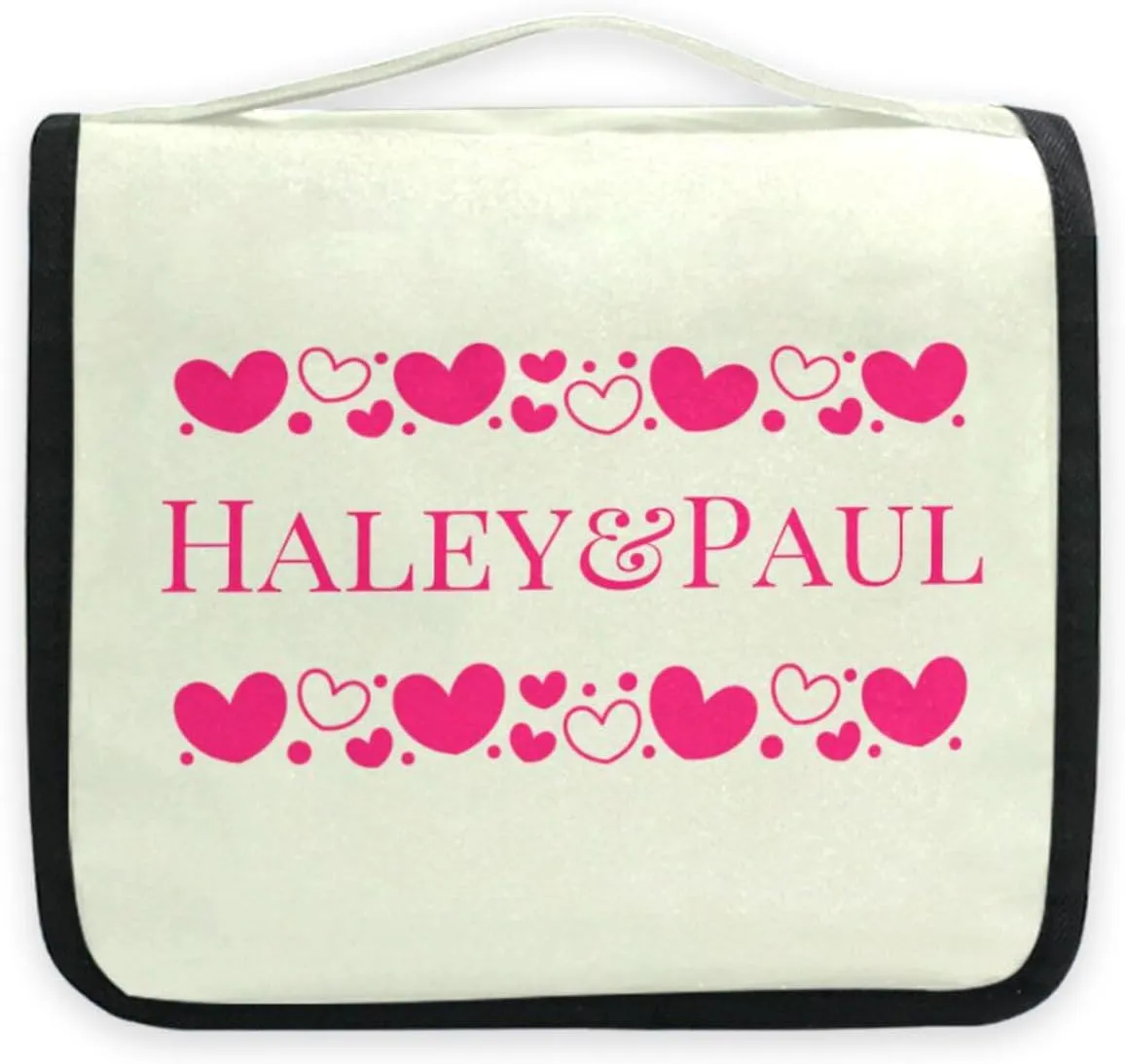 Sinestour Beige Hearts Custom Hanging Toiletry Bag Personalized Name Cosmetic Case Bag Large Capacity Travel Toiletry Organizer for Brush Toiletries Storage