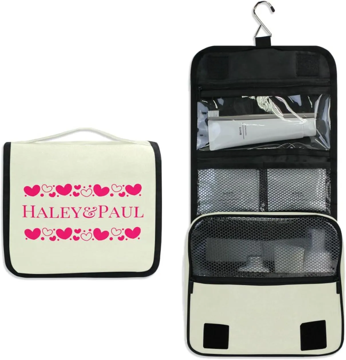 Sinestour Beige Hearts Custom Hanging Toiletry Bag Personalized Name Cosmetic Case Bag Large Capacity Travel Toiletry Organizer for Brush Toiletries Storage