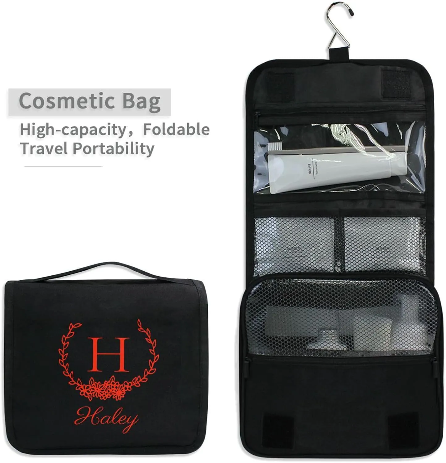 Sinestour Black Custom Hanging Toiletry Bag Personalized Initial Name Makeup Cosmetic Bag Cosmetic Case Large Capacity Travel Toiletry Organizer for Toiletries Shaving Brush Storage