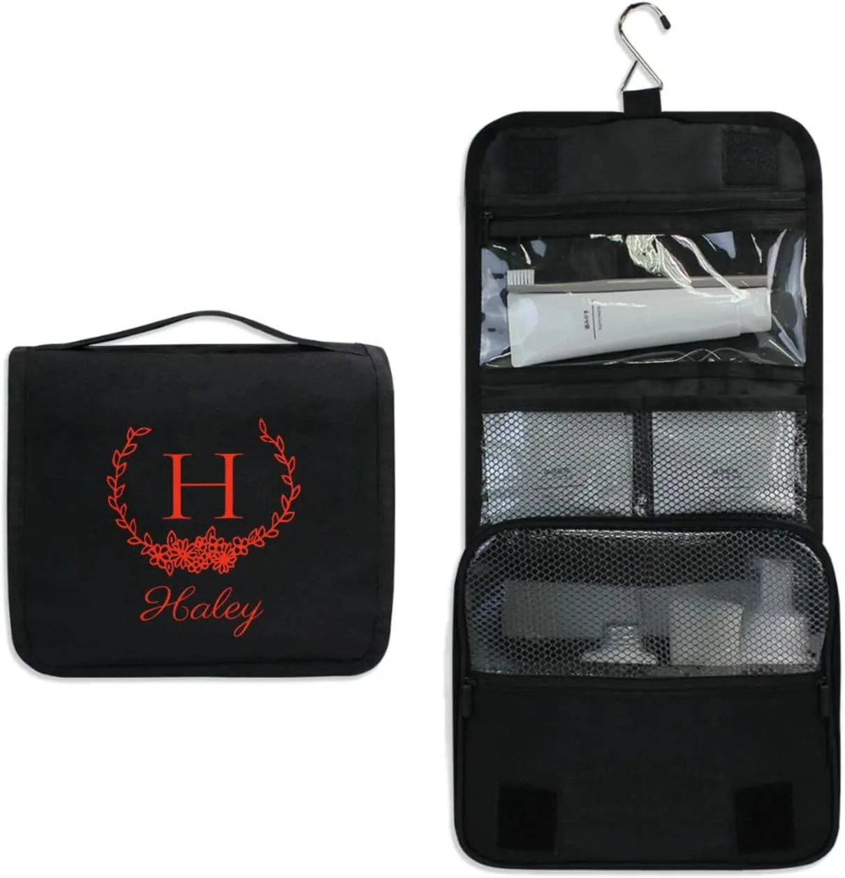 Sinestour Black Custom Hanging Toiletry Bag Personalized Initial Name Makeup Cosmetic Bag Cosmetic Case Large Capacity Travel Toiletry Organizer for Toiletries Shaving Brush Storage