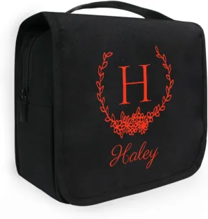 Sinestour Black Custom Hanging Toiletry Bag Personalized Initial Name Makeup Cosmetic Bag Cosmetic Case Large Capacity Travel Toiletry Organizer for Toiletries Shaving Brush Storage
