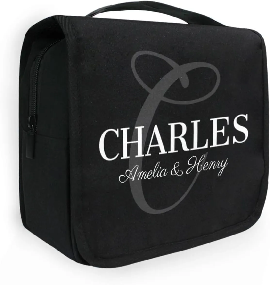 Sinestour Black Custom Toiletry Bag Personalized Full Name Makeup Cosmetic Case Bag Large Capacity Travel Toiletry Organizer for Brush Toiletries Storage