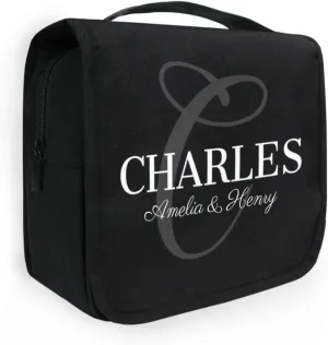 Sinestour Black Custom Toiletry Bag Personalized Full Name Makeup Cosmetic Case Bag Large Capacity Travel Toiletry Organizer for Brush Toiletries Storage