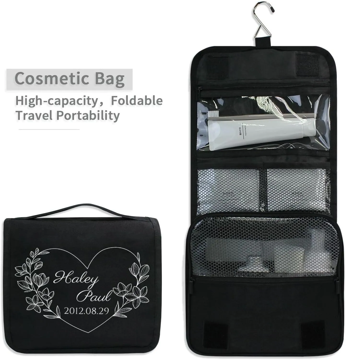 Sinestour Black Custom Toiletry Bag Personalized Name Makeup Cosmetic Bag Cosmetic Case Large Capacity Travel Toiletry Organizer for Toiletries Shaving Brush Storage