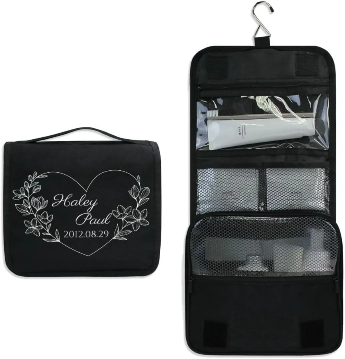Sinestour Black Custom Toiletry Bag Personalized Name Makeup Cosmetic Bag Cosmetic Case Large Capacity Travel Toiletry Organizer for Toiletries Shaving Brush Storage
