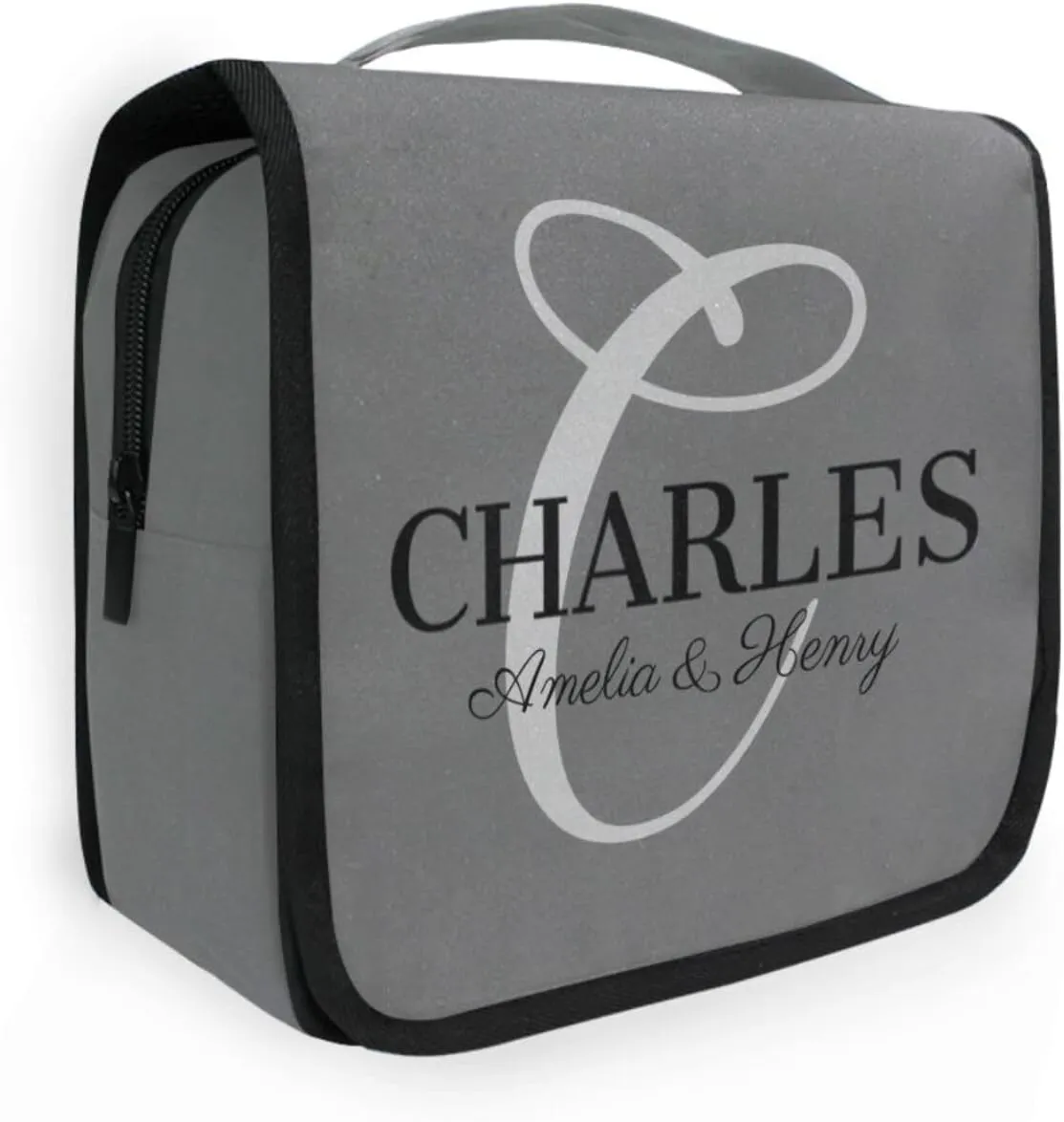 Sinestour Dark Gray Custom Toiletry Bag Personalized Full Name Makeup Travel Toiletry Organizer Large Capacity Cosmetic Case Bag for Toiletries Brush Storage