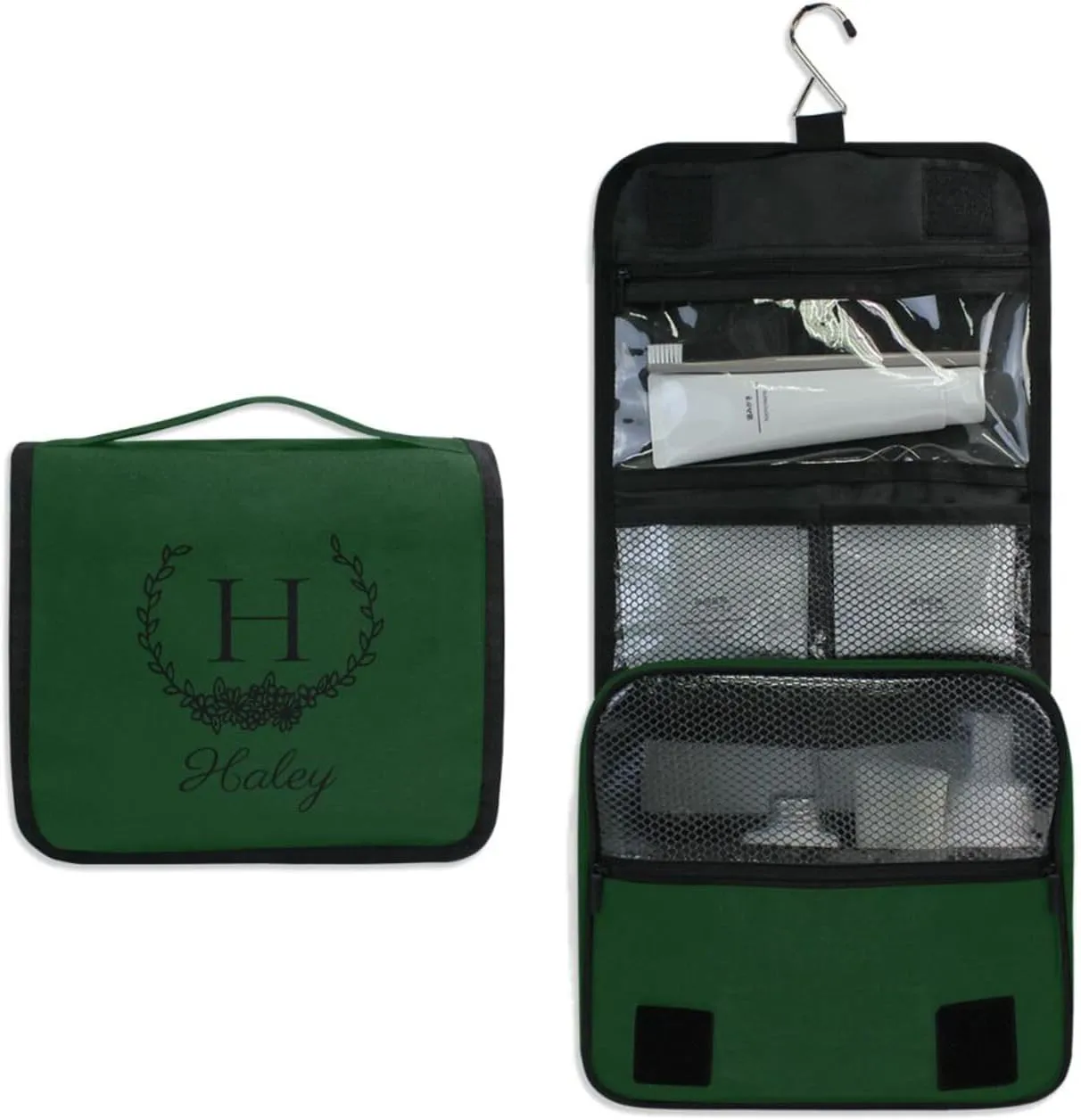Sinestour Dark Green Custom Hanging Toiletry Bag Personalized Initial Name Makeup Cosmetic Bag Travel Toiletry Organizer Large Capacity Cosmetic Case for Shaving Toiletries Brush Storage