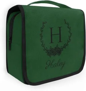 Sinestour Dark Green Custom Hanging Toiletry Bag Personalized Initial Name Makeup Cosmetic Bag Travel Toiletry Organizer Large Capacity Cosmetic Case for Shaving Toiletries Brush Storage