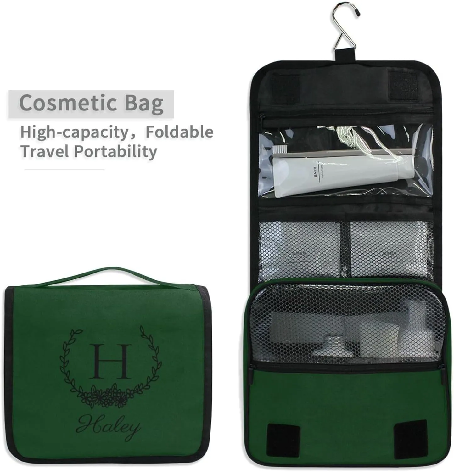 Sinestour Dark Green Custom Hanging Toiletry Bag Personalized Initial Name Makeup Cosmetic Bag Travel Toiletry Organizer Large Capacity Cosmetic Case for Shaving Toiletries Brush Storage