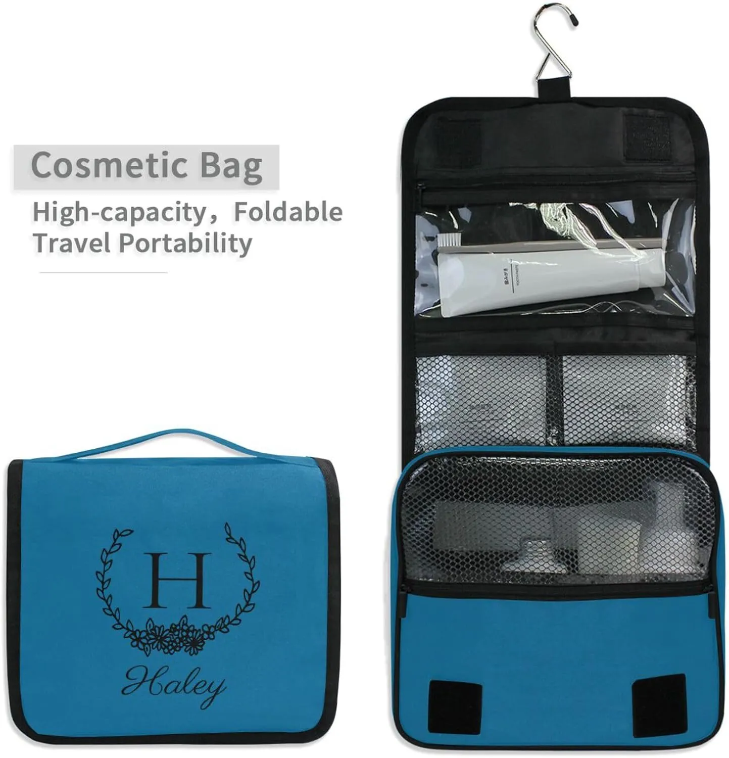 Sinestour Ice Blue Custom Hanging Toiletry Bag Personalized Initial Name Makeup Cosmetic Bag Large Capacity Cosmetic Case Travel Toiletry Organizer for Toiletries Bathroom Travel Storage
