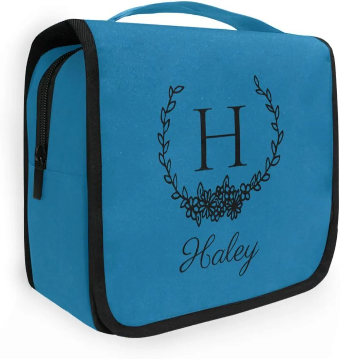Sinestour Ice Blue Custom Hanging Toiletry Bag Personalized Initial Name Makeup Cosmetic Bag Large Capacity Cosmetic Case Travel Toiletry Organizer for Toiletries Bathroom Travel Storage