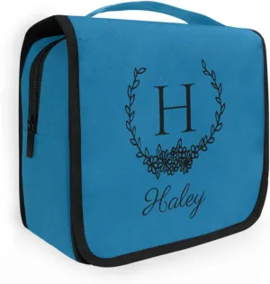 Sinestour Ice Blue Custom Hanging Toiletry Bag Personalized Initial Name Makeup Cosmetic Bag Large Capacity Cosmetic Case Travel Toiletry Organizer for Toiletries Bathroom Travel Storage