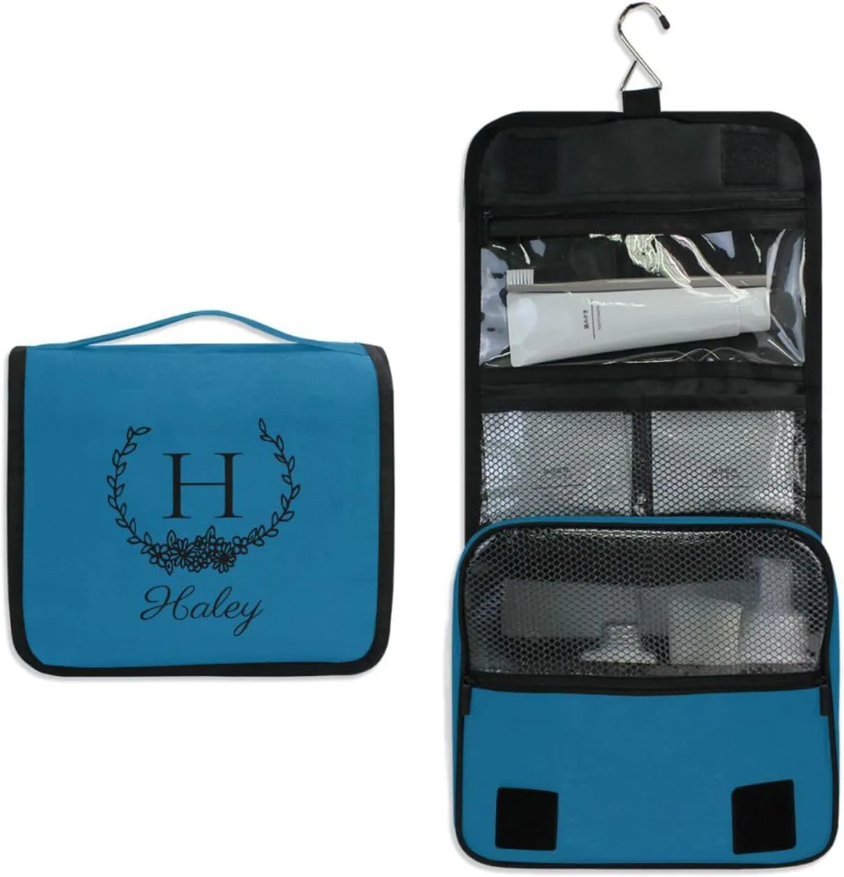 Sinestour Ice Blue Custom Hanging Toiletry Bag Personalized Initial Name Makeup Cosmetic Bag Large Capacity Cosmetic Case Travel Toiletry Organizer for Toiletries Bathroom Travel Storage