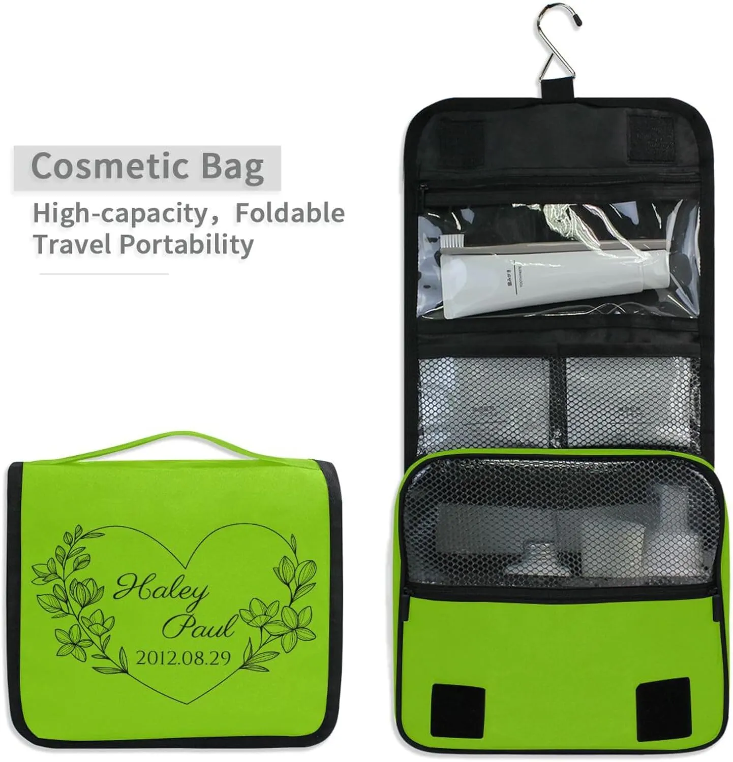 Sinestour Light Green Custom Toiletry Bag Personalized Name Makeup Cosmetic Bag Large Capacity Cosmetic Case Travel Toiletry Organizer for Toiletries Bathroom Travel Storage