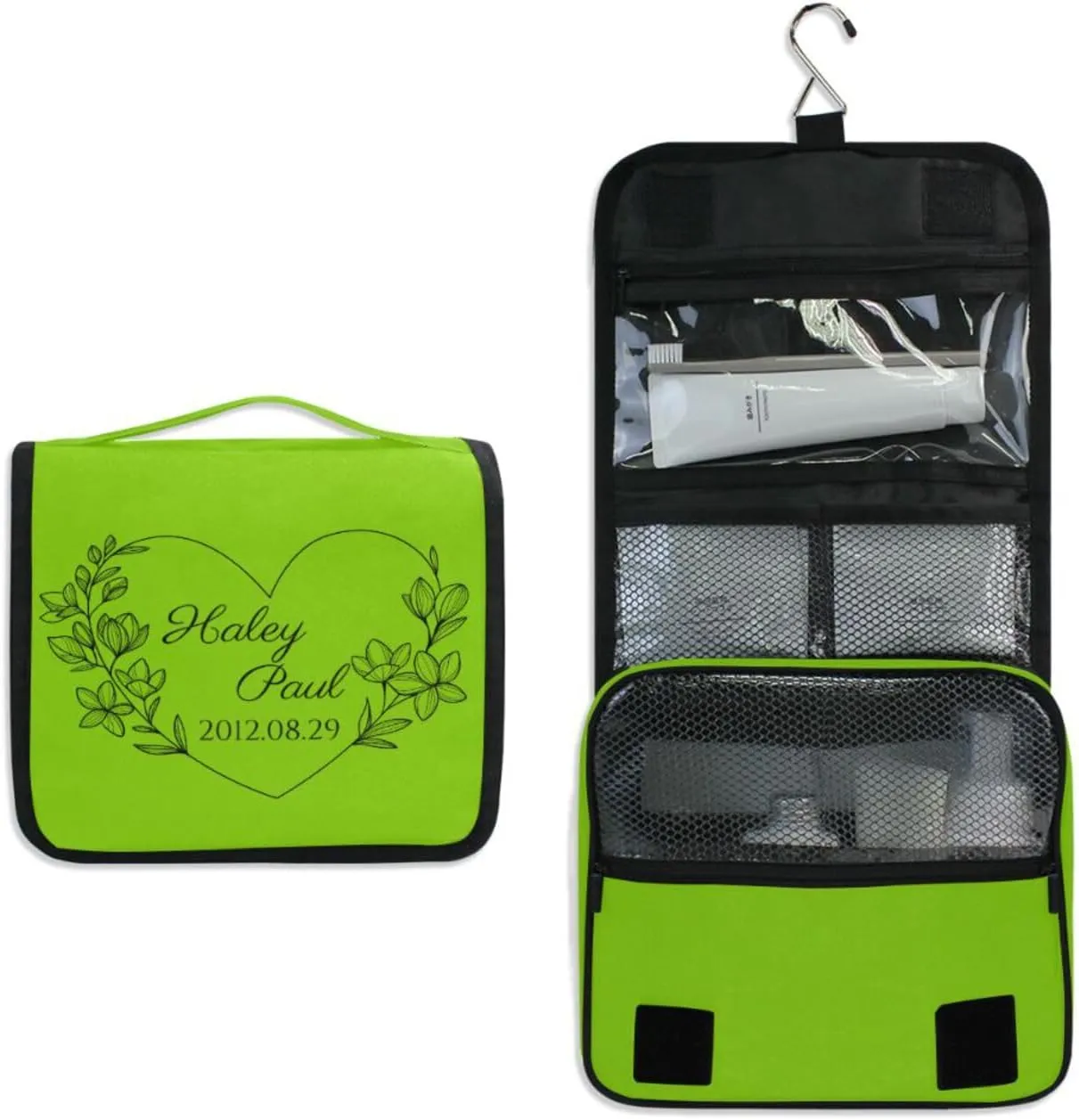 Sinestour Light Green Custom Toiletry Bag Personalized Name Makeup Cosmetic Bag Large Capacity Cosmetic Case Travel Toiletry Organizer for Toiletries Bathroom Travel Storage