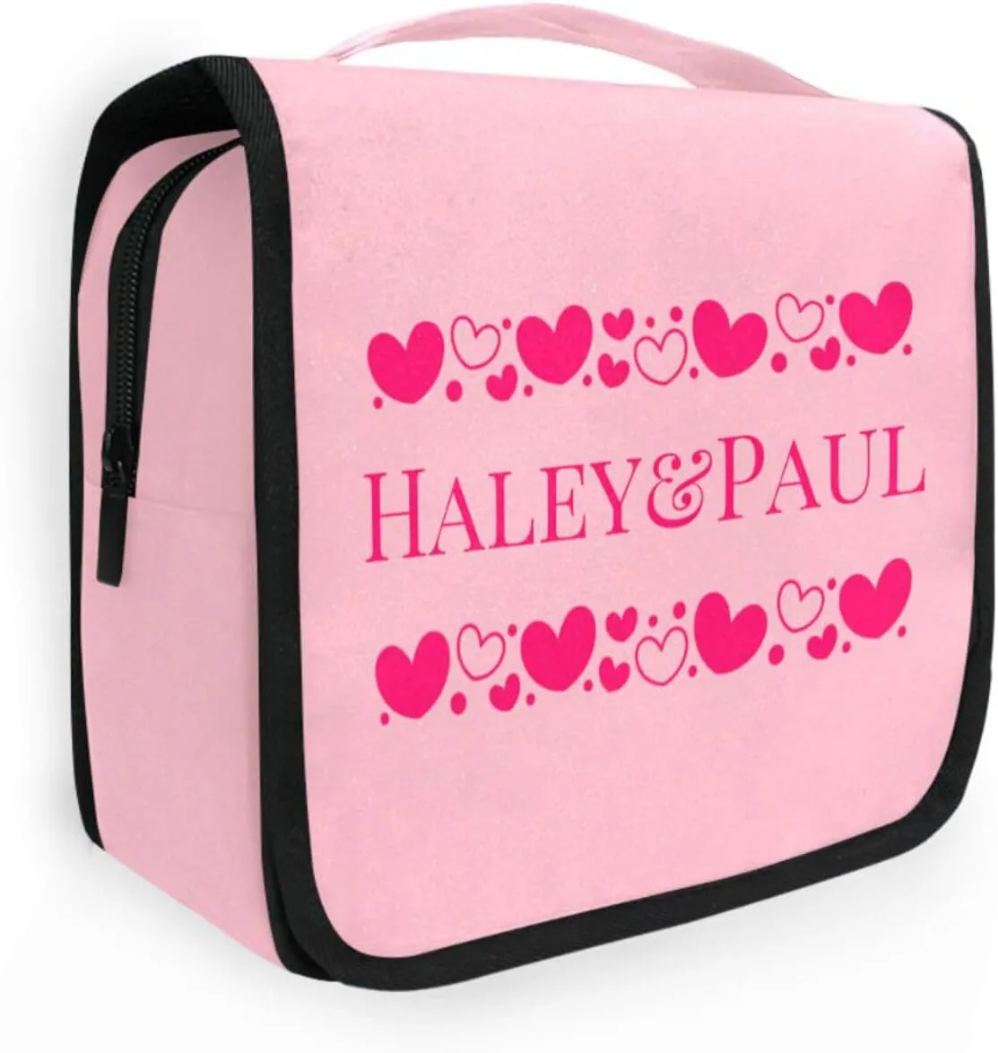 Sinestour Light Pink Hearts Custom Hanging Toiletry Bag Personalized Name Cosmetic Case Bag Large Capacity Travel Toiletry Organizer for Shaving Brush Storage
