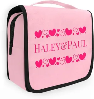 Sinestour Light Pink Hearts Custom Hanging Toiletry Bag Personalized Name Cosmetic Case Bag Large Capacity Travel Toiletry Organizer for Shaving Brush Storage