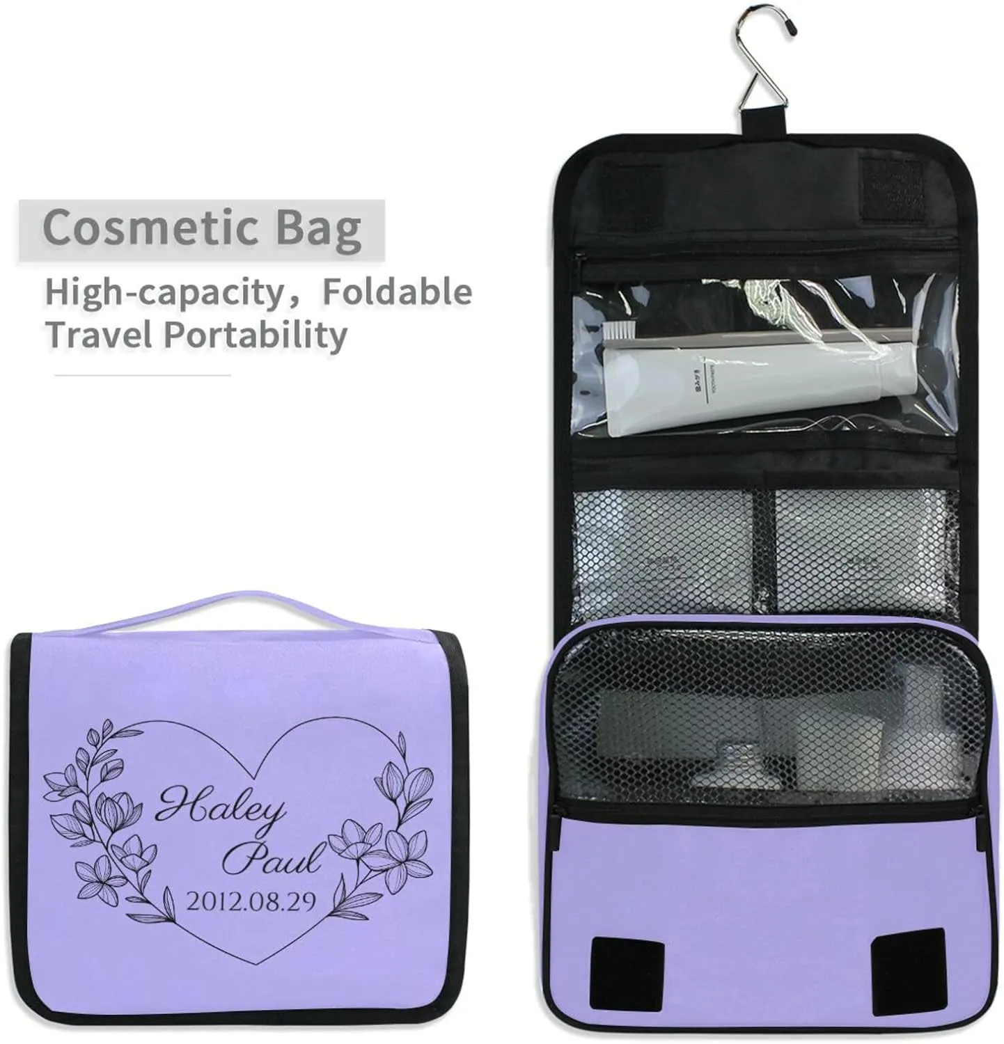Sinestour Lilac Custom Toiletry Bag Personalized Name Makeup Cosmetic Bag Cosmetic Case Large Capacity Travel Toiletry Organizer for Shaving Toiletries Brush Storage