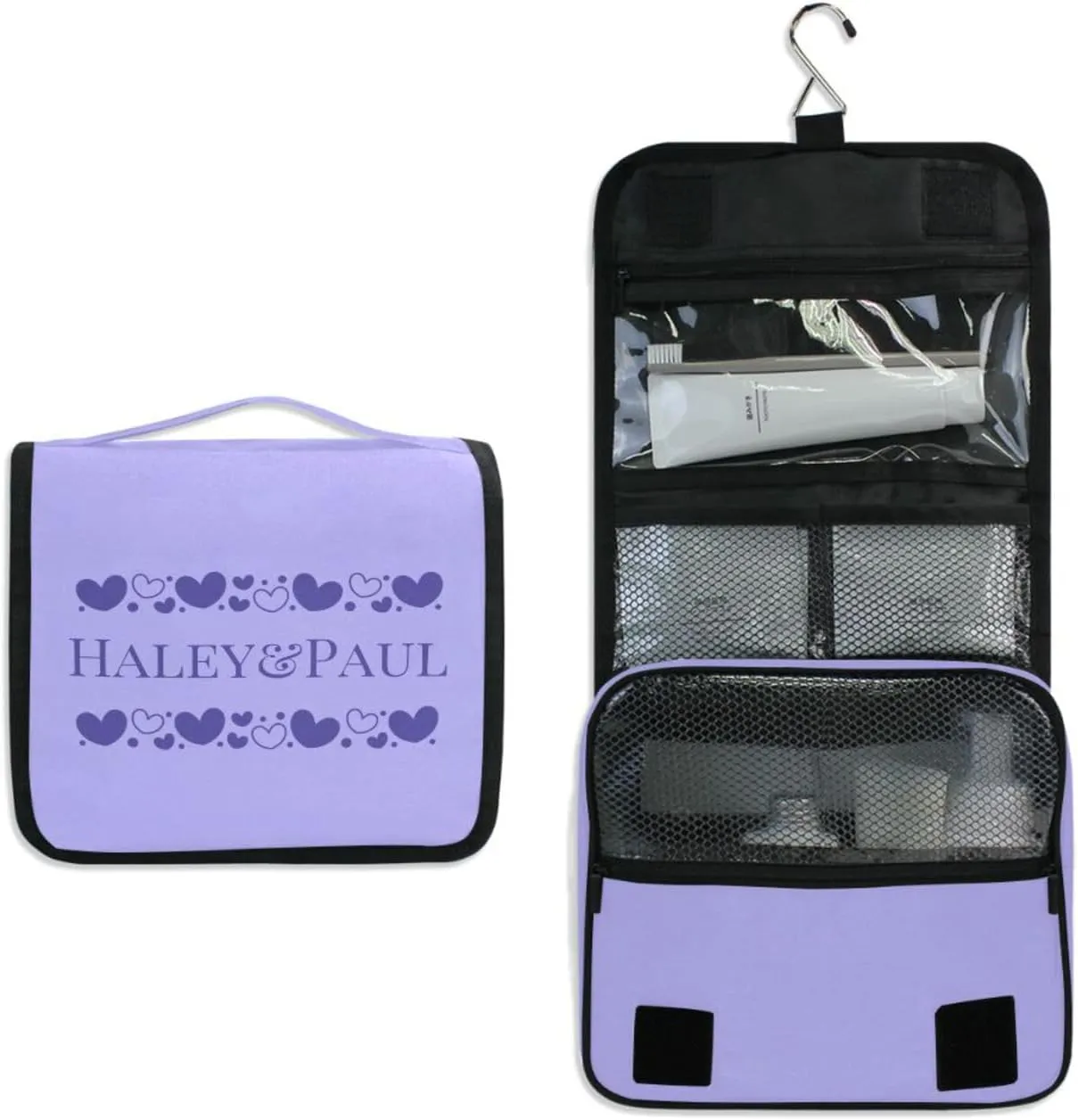 Sinestour Lilac Hearts Custom Hanging Toiletry Bag Personalized Name Large Capacity Cosmetic Case Bag Travel Toiletry Organizer for Brush Toiletries Storage