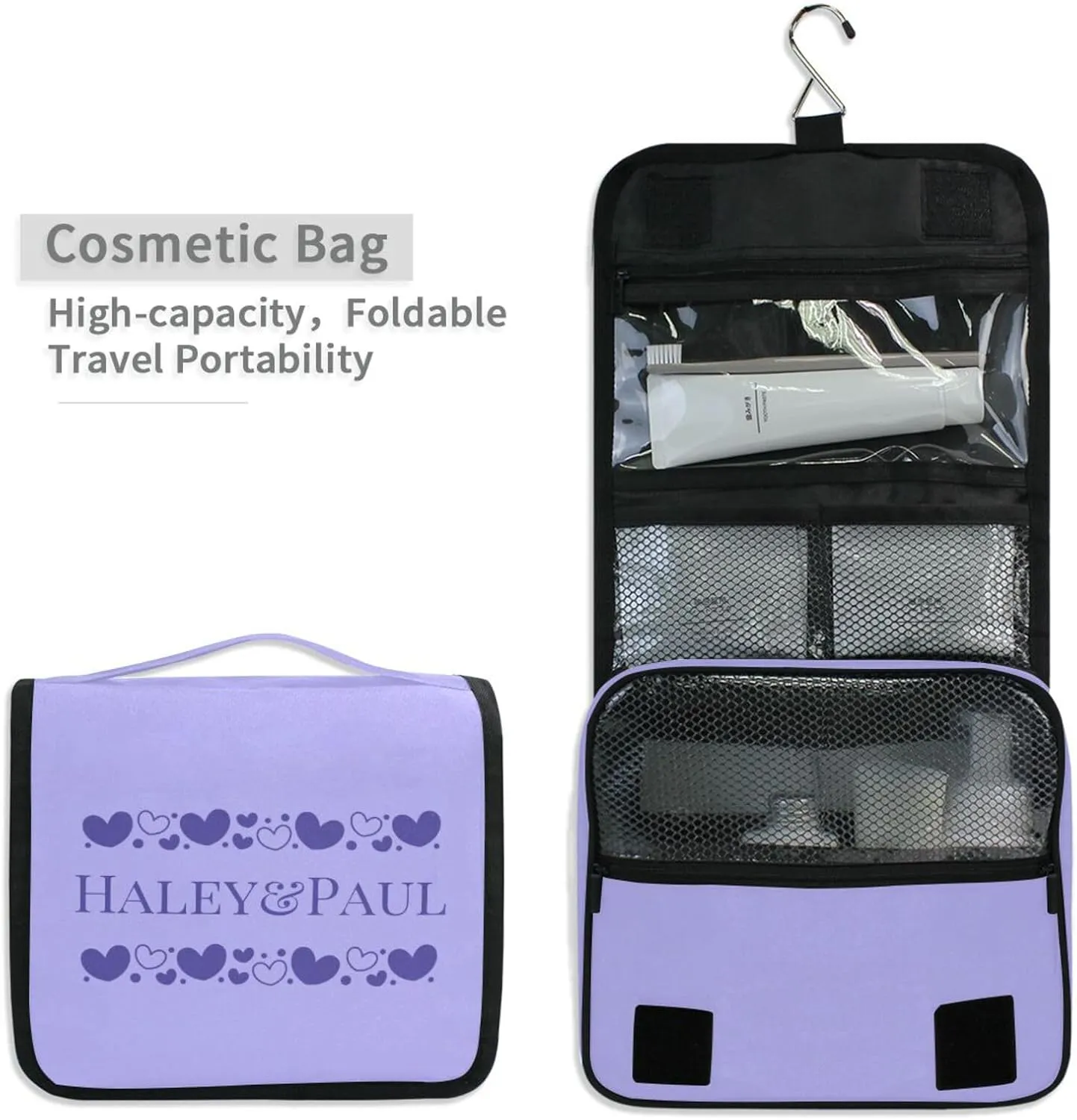 Sinestour Lilac Hearts Custom Hanging Toiletry Bag Personalized Name Large Capacity Cosmetic Case Bag Travel Toiletry Organizer for Brush Toiletries Storage