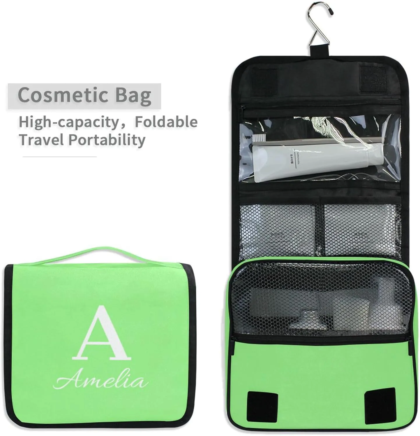 Sinestour Pale Green Custom Name Hanging Toiletry Bag Personalized Makeup Cosmetic Bag Cosmetic Case Large Capacity Travel Toiletry Organizer for Shaving Toiletries Brush Storage