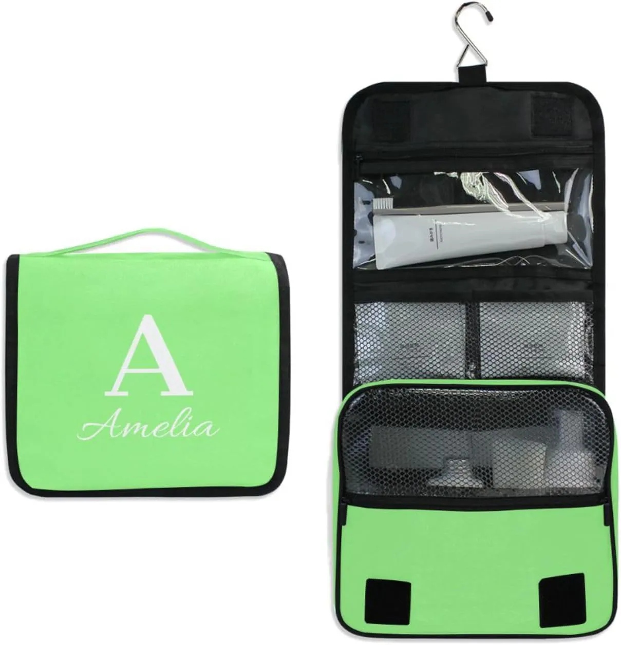 Sinestour Pale Green Custom Name Hanging Toiletry Bag Personalized Makeup Cosmetic Bag Cosmetic Case Large Capacity Travel Toiletry Organizer for Shaving Toiletries Brush Storage