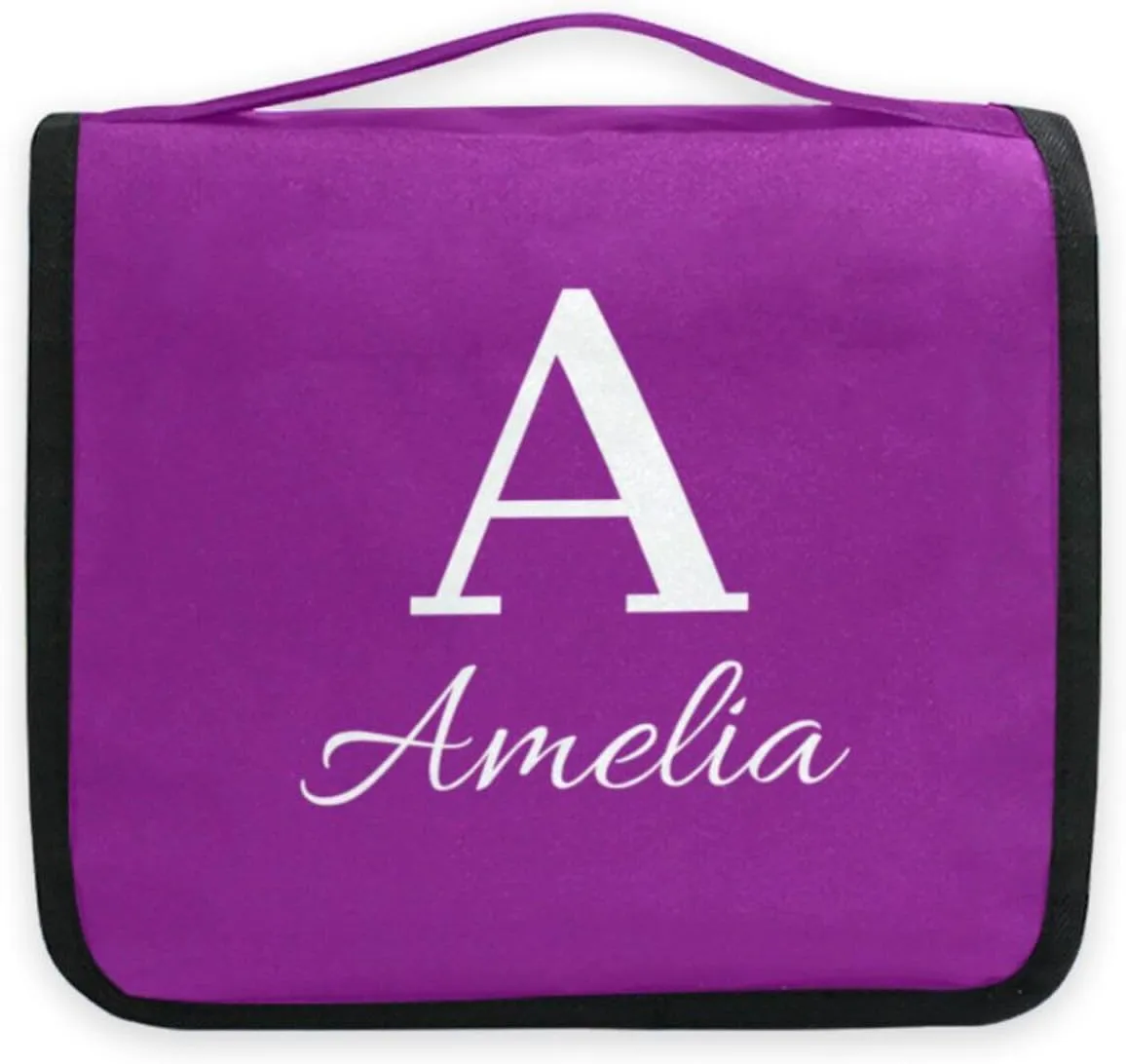Sinestour Purple Custom Name Hanging Toiletry Bag Personalized Makeup Cosmetic Bag Large Capacity Travel Toiletry Organizer Cosmetic Case for Shaving Toiletries Brush Storage