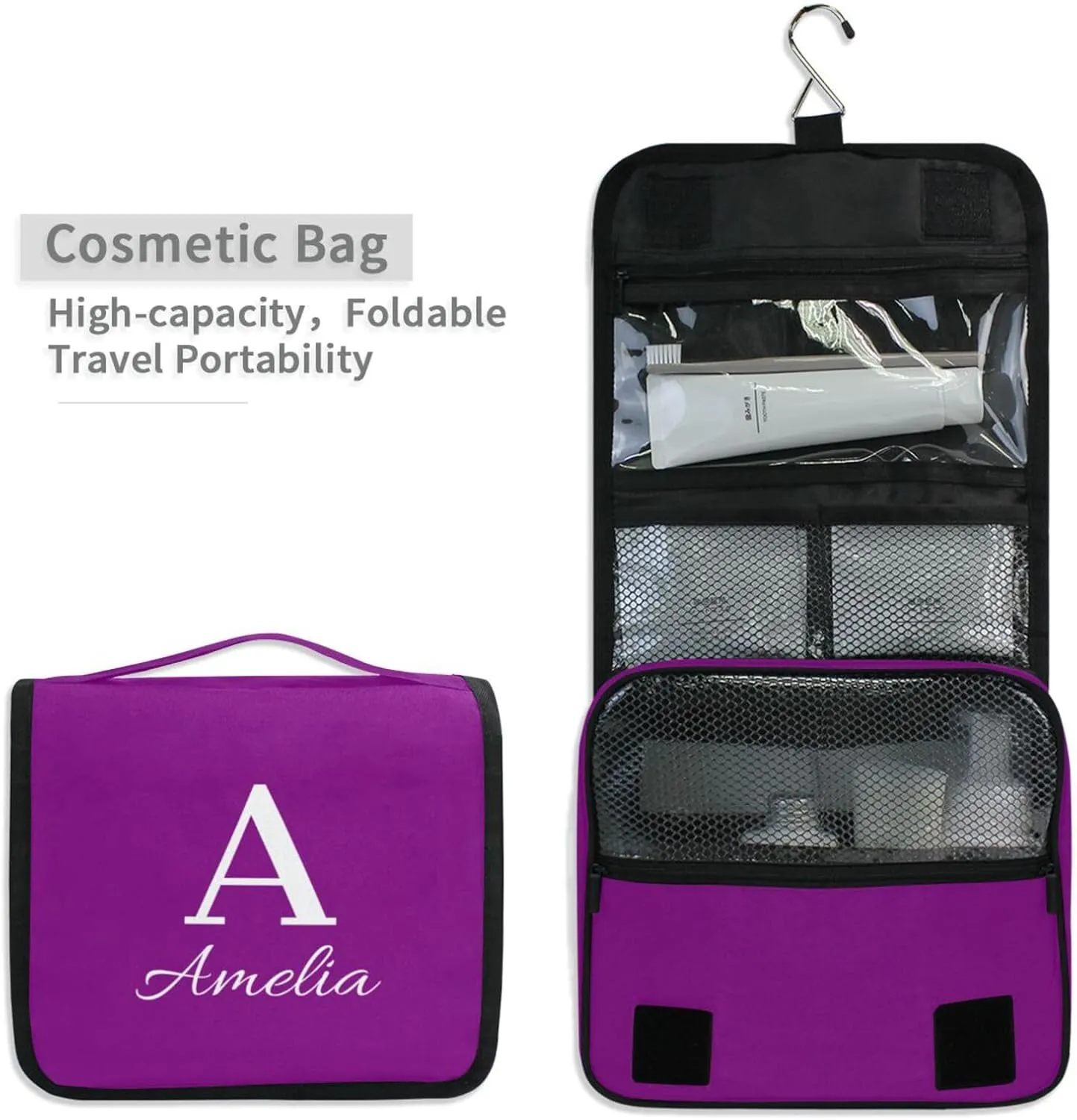 Sinestour Purple Custom Name Hanging Toiletry Bag Personalized Makeup Cosmetic Bag Large Capacity Travel Toiletry Organizer Cosmetic Case for Shaving Toiletries Brush Storage
