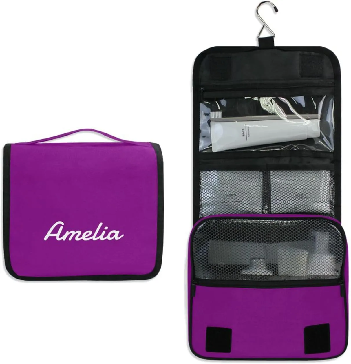 Sinestour Purple Custom Name Hanging Toiletry Bag Personalized Makeup Cosmetic Bag Travel Toiletry Organizer Large Capacity Cosmetic Case for Shaving Toiletries Brush Storage