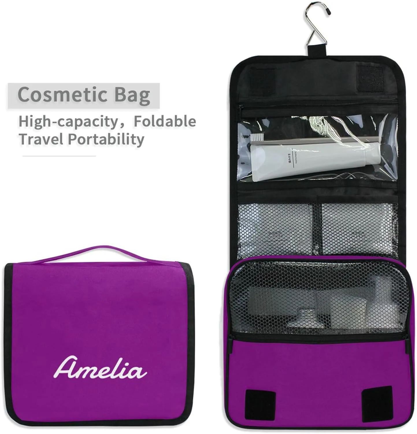 Sinestour Purple Custom Name Hanging Toiletry Bag Personalized Makeup Cosmetic Bag Travel Toiletry Organizer Large Capacity Cosmetic Case for Shaving Toiletries Brush Storage
