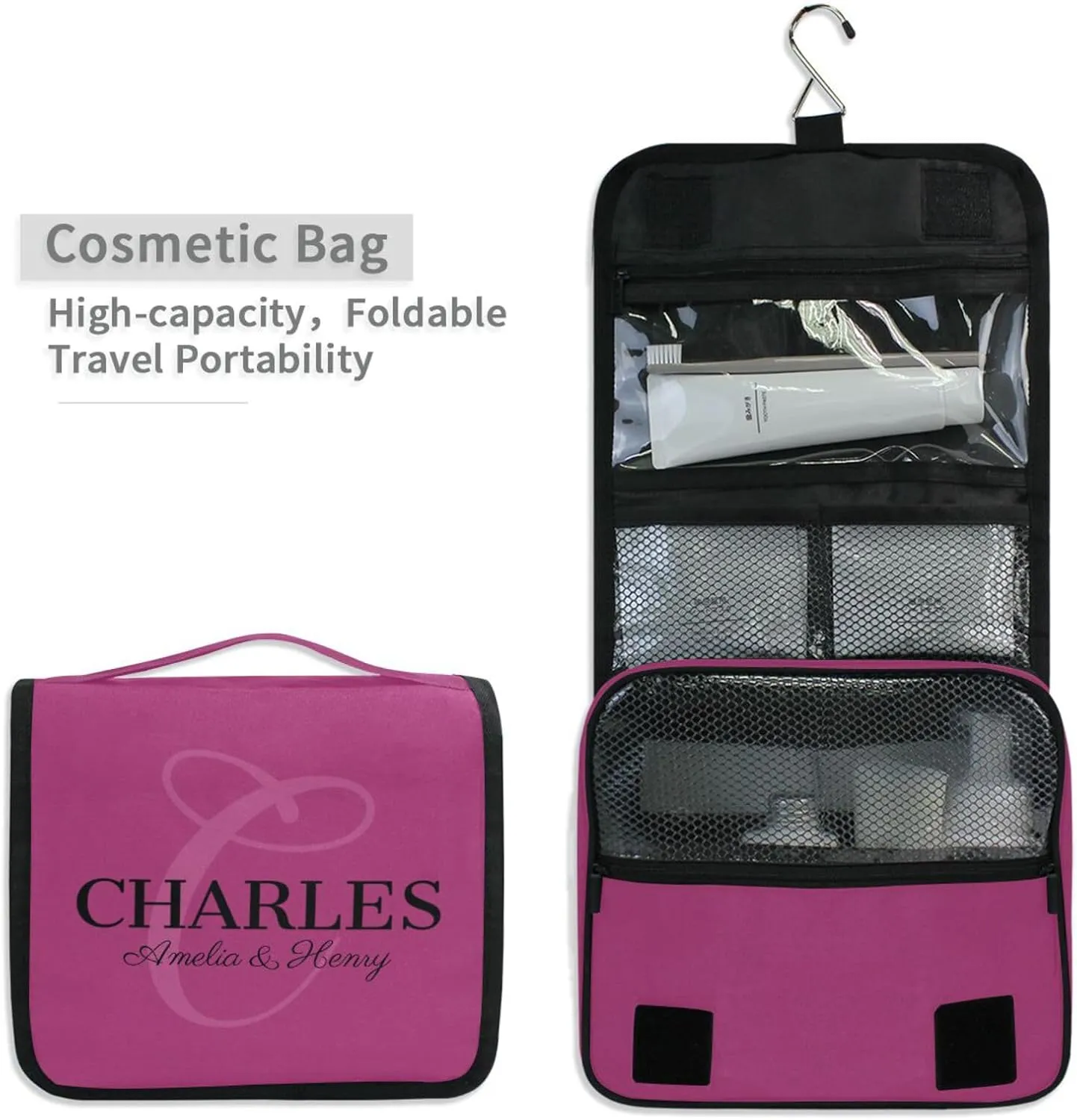 Sinestour Purple Custom Toiletry Bag Personalized Full Name Makeup Large Capacity Cosmetic Case Bag Travel Toiletry Organizer for Travel Toiletries Storage