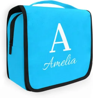 Sinestour Sky Blue Custom Name Hanging Toiletry Bag Personalized Makeup Cosmetic Bag Large Capacity Travel Toiletry Organizer Cosmetic Case for Shaving Toiletries Brush Storage