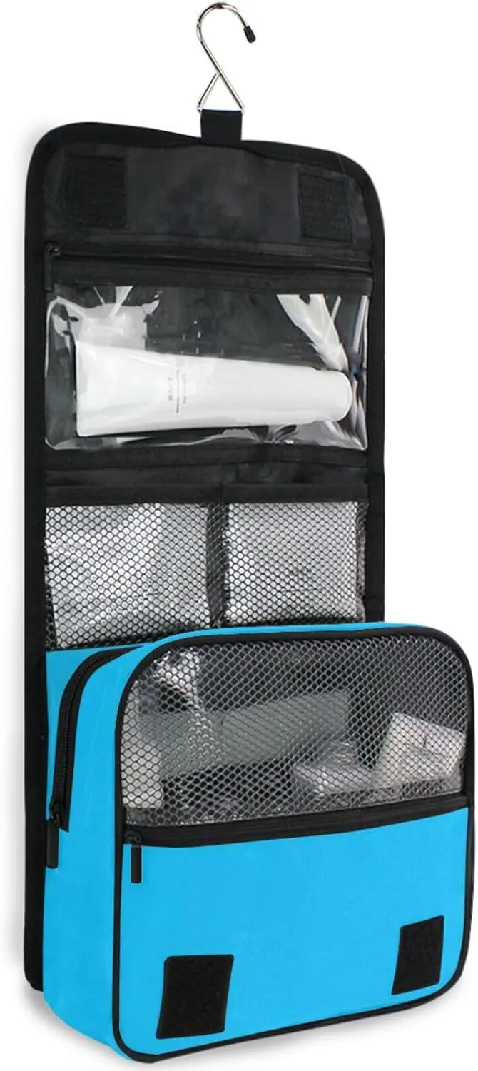 Sinestour Sky Blue Custom Name Hanging Toiletry Bag Personalized Makeup Cosmetic Bag Large Capacity Travel Toiletry Organizer Cosmetic Case for Shaving Toiletries Brush Storage